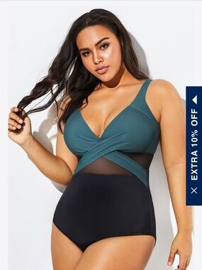Plus Size Teal and Black Wrap-Front One-Piece Swimsuit